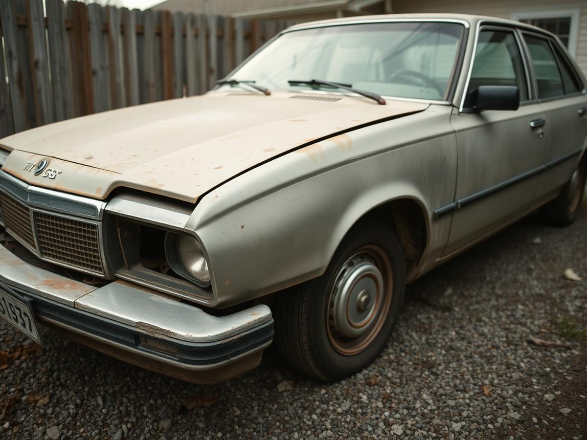 An old car with front-end damage parked on a gravel lot