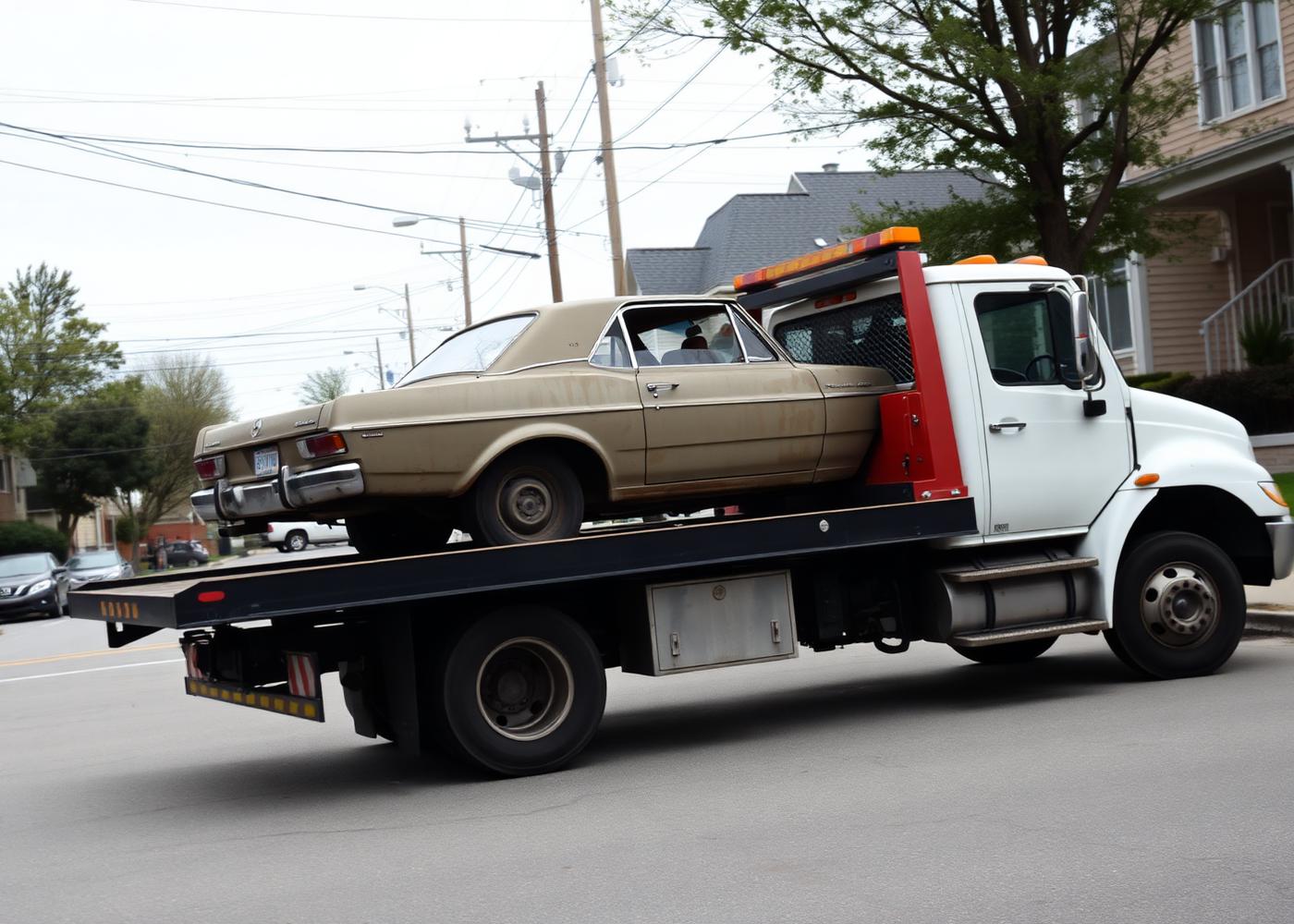 A flatbed tow truck loading a non-running car on a neighborhood street